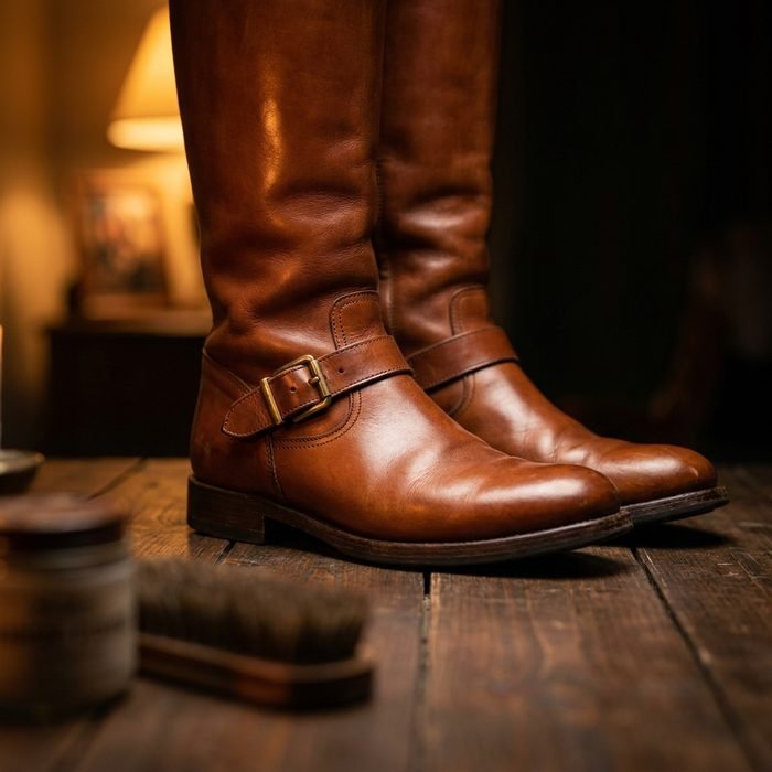 Brown leather riding boots after conditioning